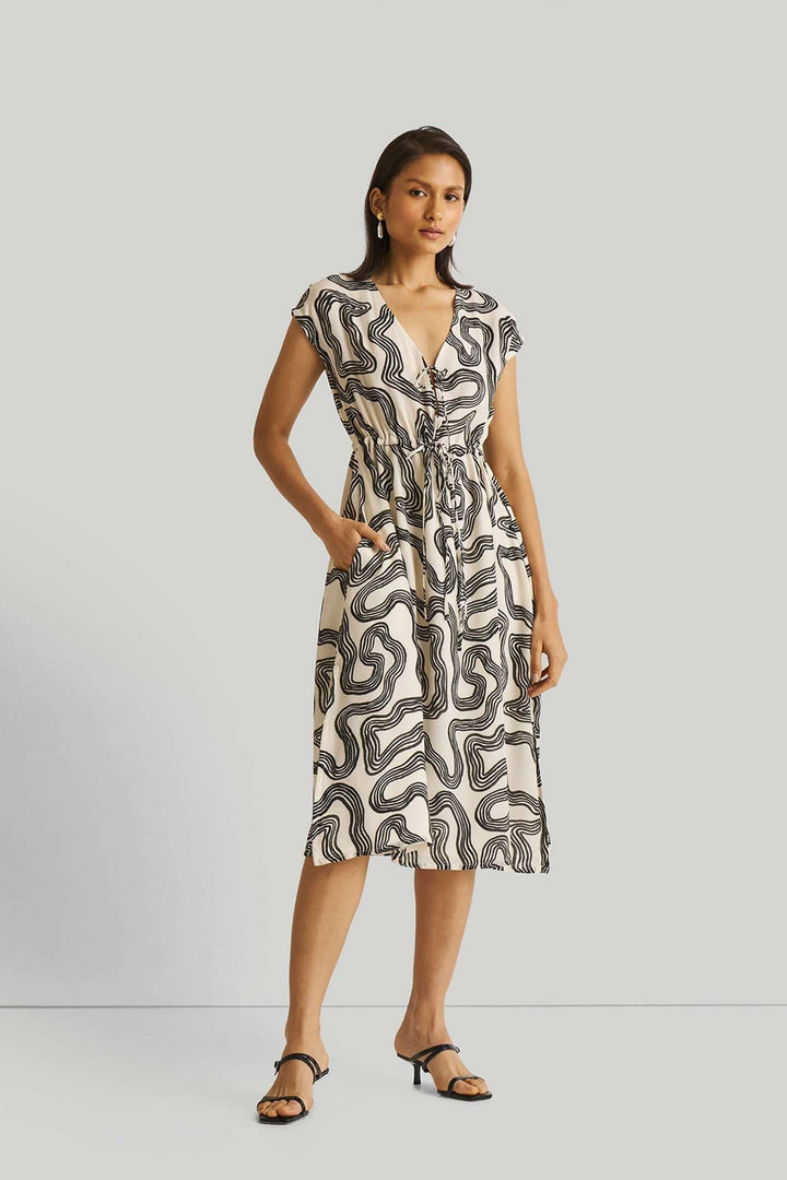 Deep V-neck Gathered Dress - Black Stripes