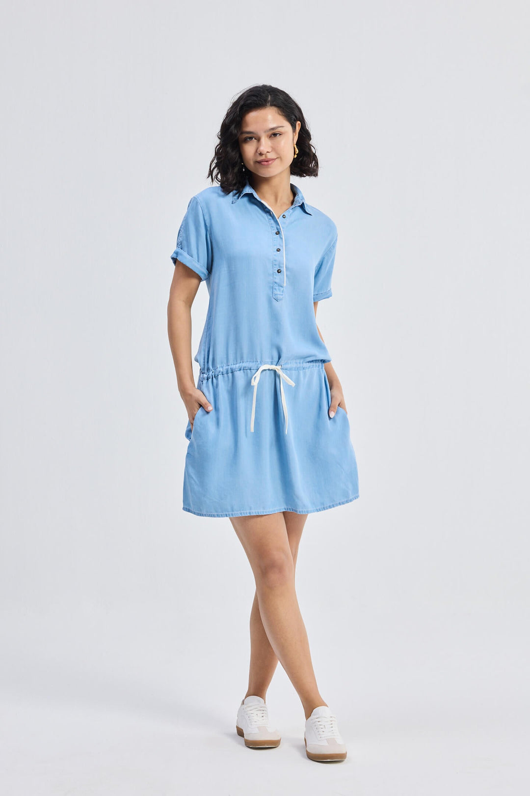 Drawstring Denim Shirt Dress with Front Buttons in Blue Ocean Blue / 2XL