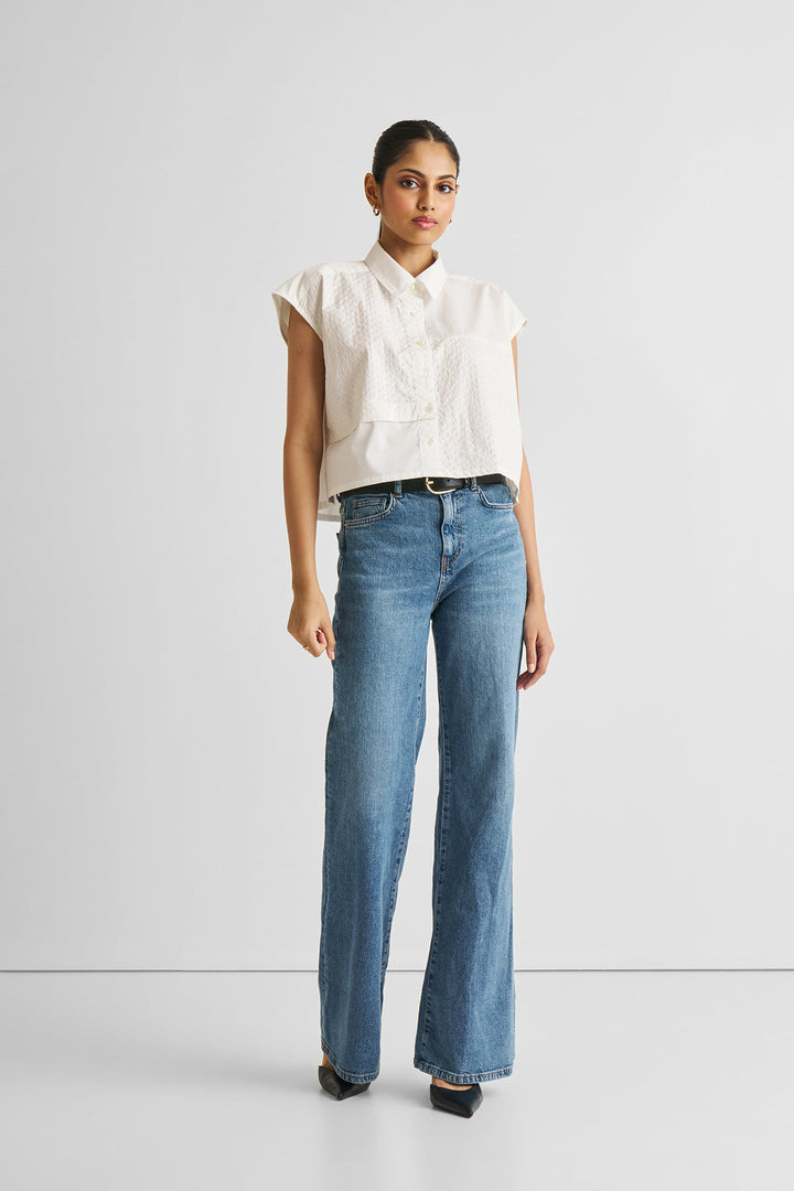 Embroidered Panel Crop Top - White