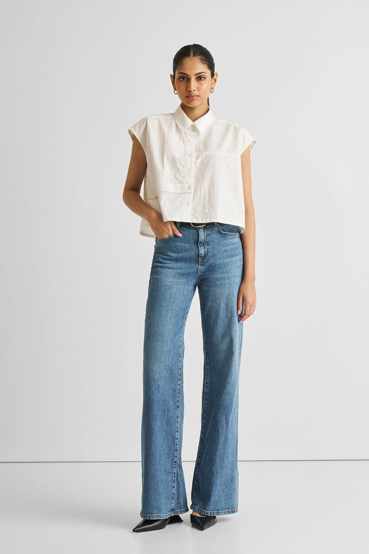 Embroidered Panel Crop Top - White