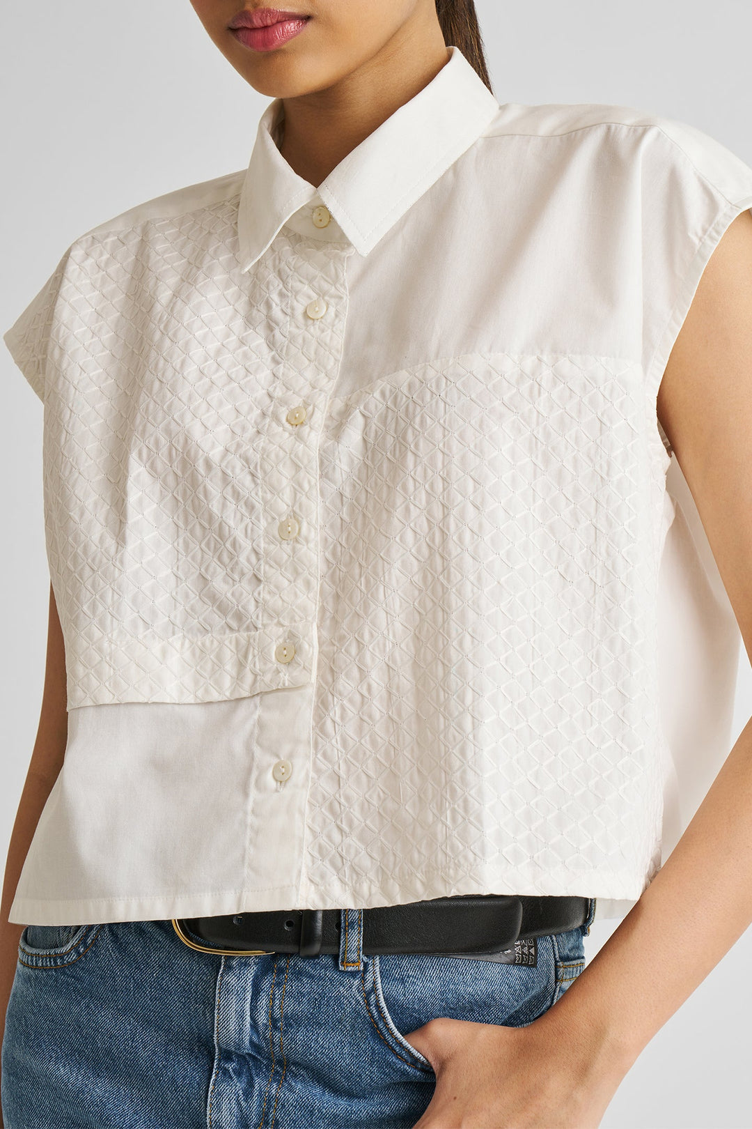 Embroidered Panel Crop Top - White