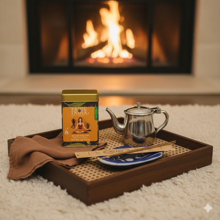 Hygge Gift Box with tea set and incense sticks and incense holder by a warm fireplace, perfect for fall vibes and slow moments.