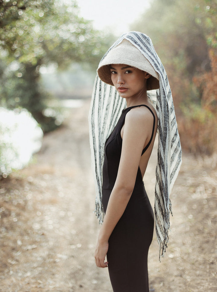 Fatima Hand-loomed Raw Cotton Scarf - Black