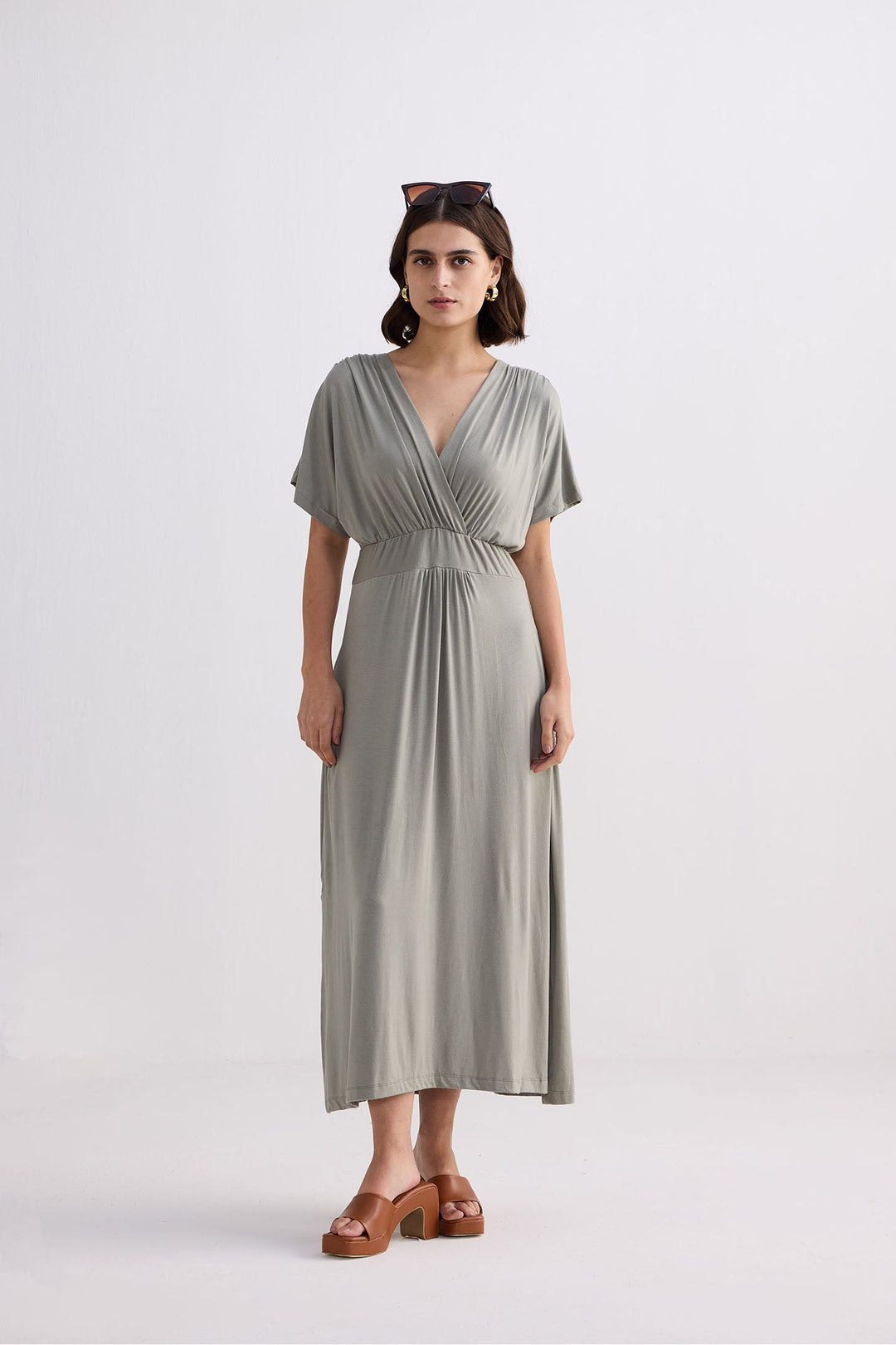 Flowy A-Line Maxi Dress Womens Clothing in Light Olive Frost & Mist / S Flowy A-Line Maxi Dress Womens Clothing in Light Olive Frost & Mist / S
