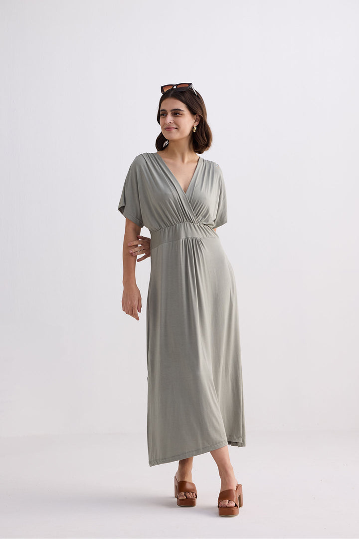 Flowy A-Line Maxi Dress with Side Slits in Light Olive Frost & Mist / S Flowy A-Line Maxi Dress with Side Slits in Light Olive Frost & Mist / S