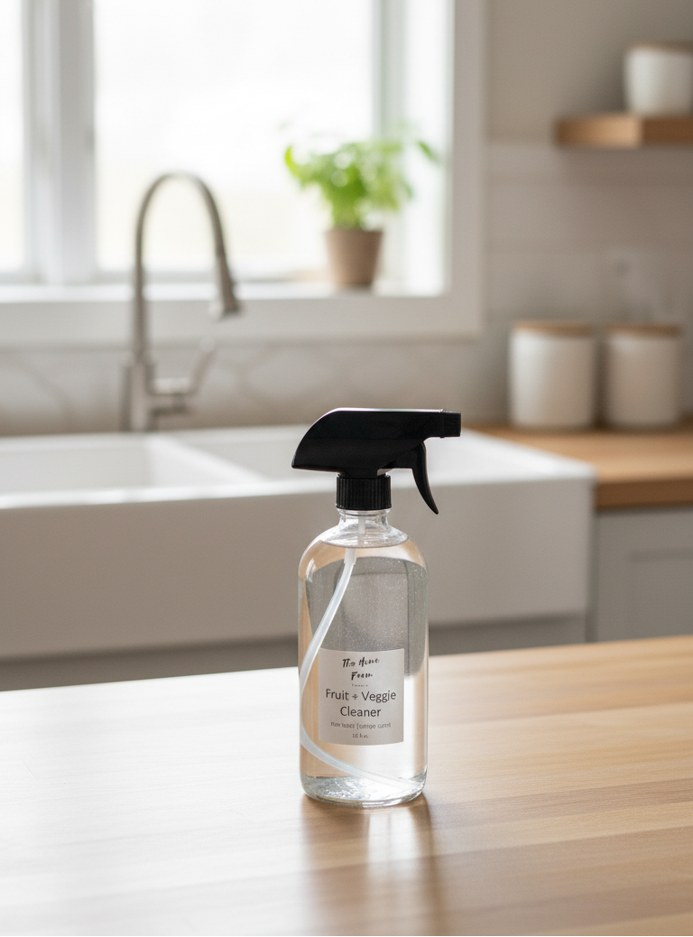 Eco-friendly Cleaning Supplies - Non-toxic fruit and veggie cleaner bottle on a kitchen counter for safe home cleaning.