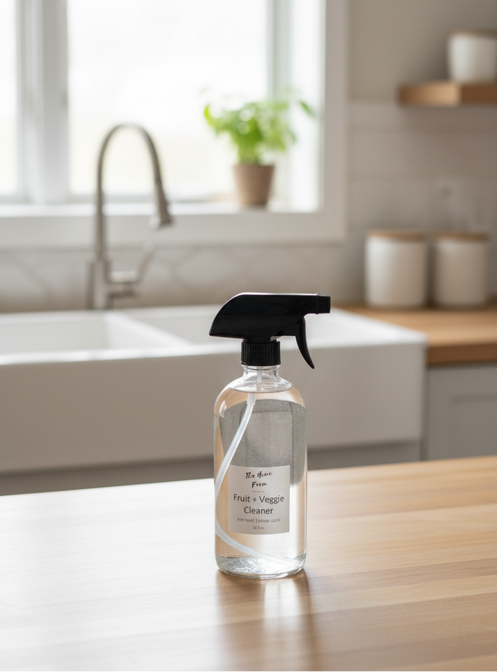 Eco-friendly Cleaning Supplies - Non-toxic fruit and veggie cleaner bottle on a kitchen counter for safe home cleaning.