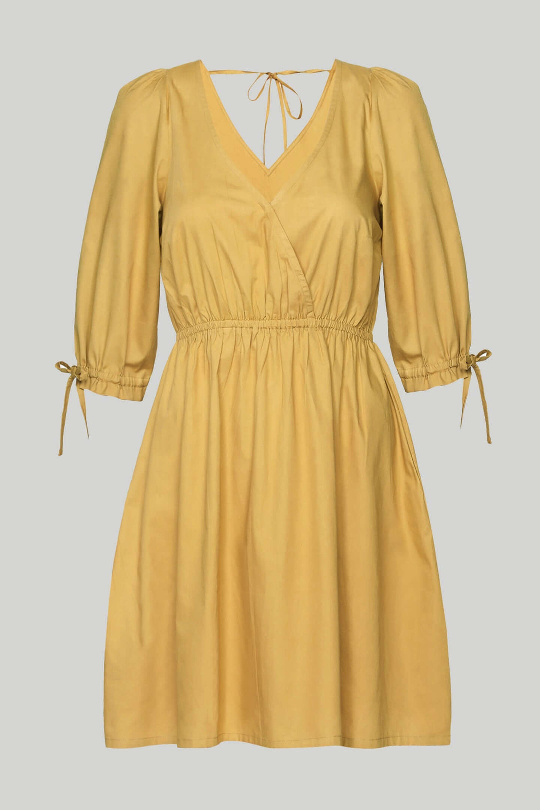 Gathered Elbow Sleeve Short Dress - Mustard