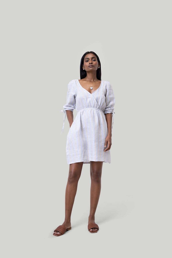 Gathered Elbow Sleeve Short Dress - Stripes