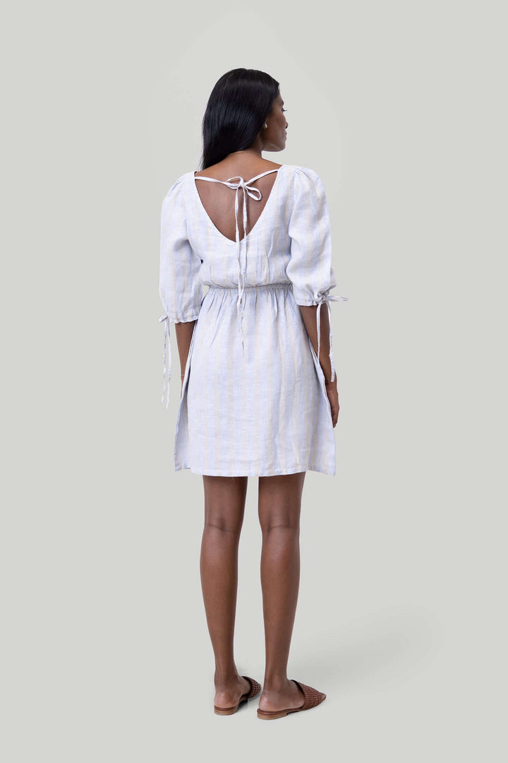 Gathered Elbow Sleeve Short Dress - Stripes