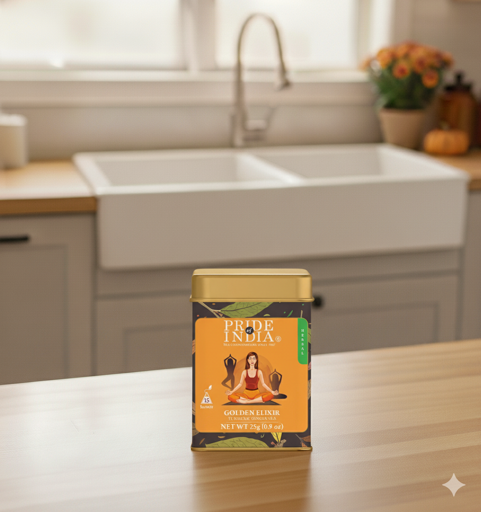 Pride India Golden Elixir spice tin on kitchen counter with fall decor, featured in the Fall Vibes bundle, a Hygge Gift Box curated by The Ever Good.