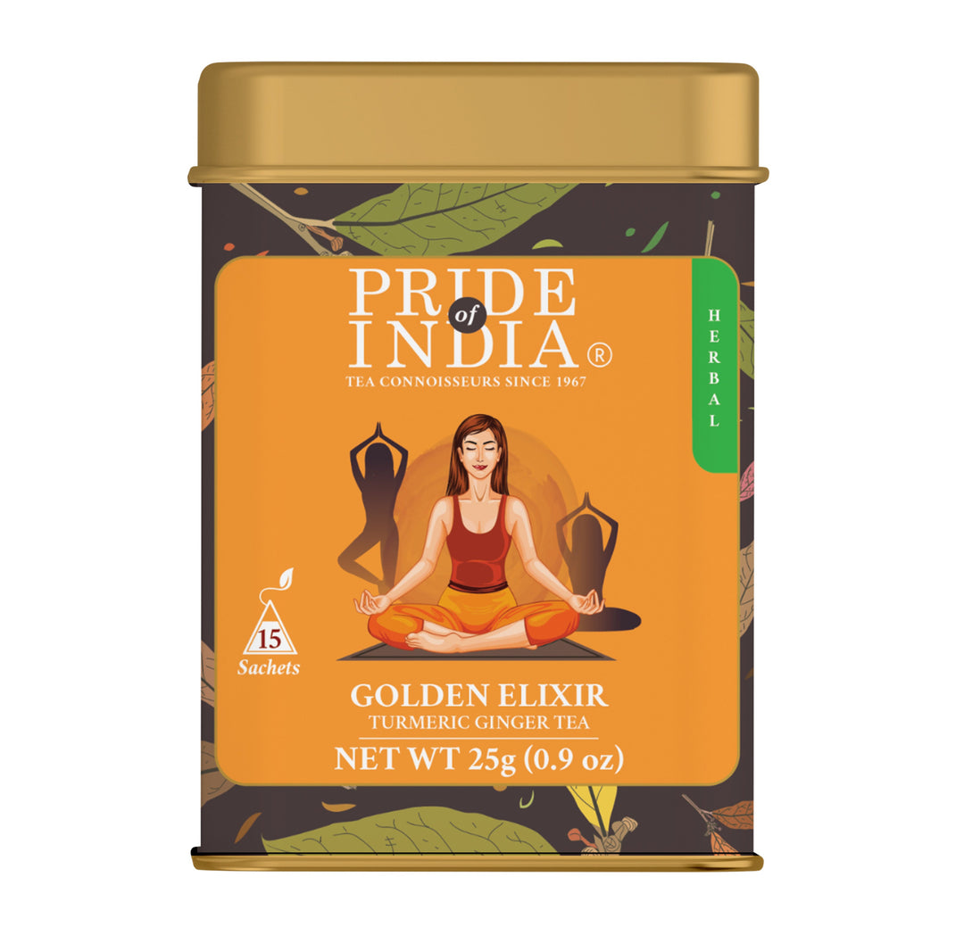 Featured in this hygge gift box: Pride of India Turmeric Ginger Tea Golden Elixir 25g Tin.