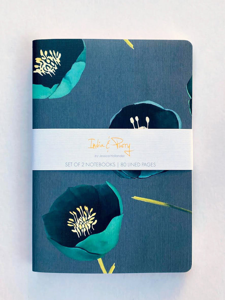Notebook Set:  Green Winter Rose & White Poppies on Emerald