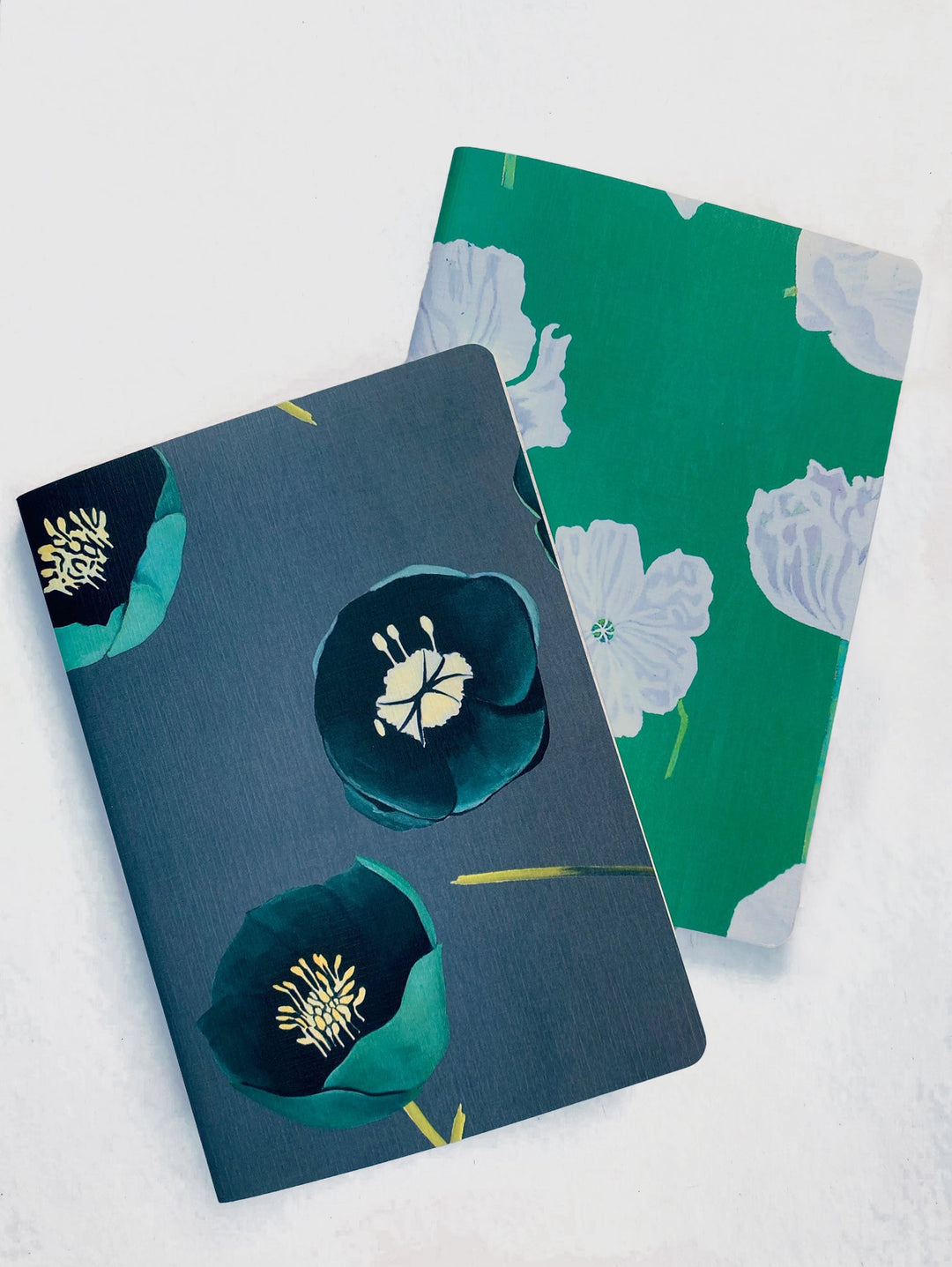Notebook Set:  Green Winter Rose & White Poppies on Emerald