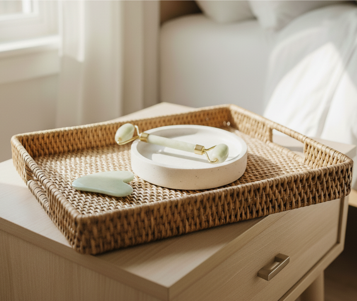 Jade roller and gua sha on wicker tray for the morning routine kit: Sunrise Ritual by The Ever Good.