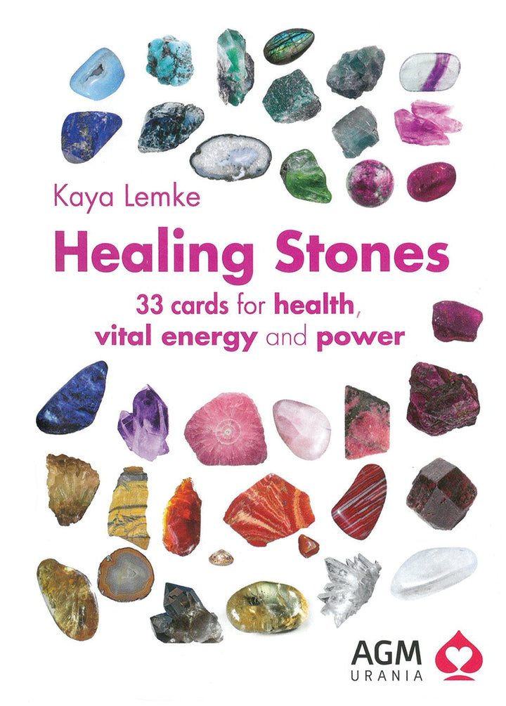 Healing stones oracle card deck with 33 cards featuring gemstone illustrations and guidance booklet