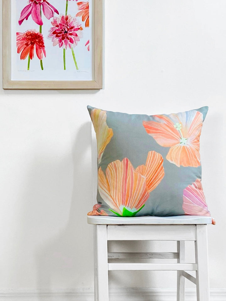 Throw Pillow: Hibiscus on Grey