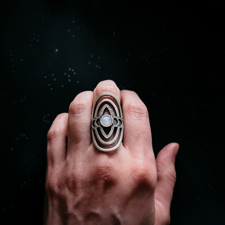 Cosmic Ripple Ring with Rainbow Moonstone and Phases of the Moon