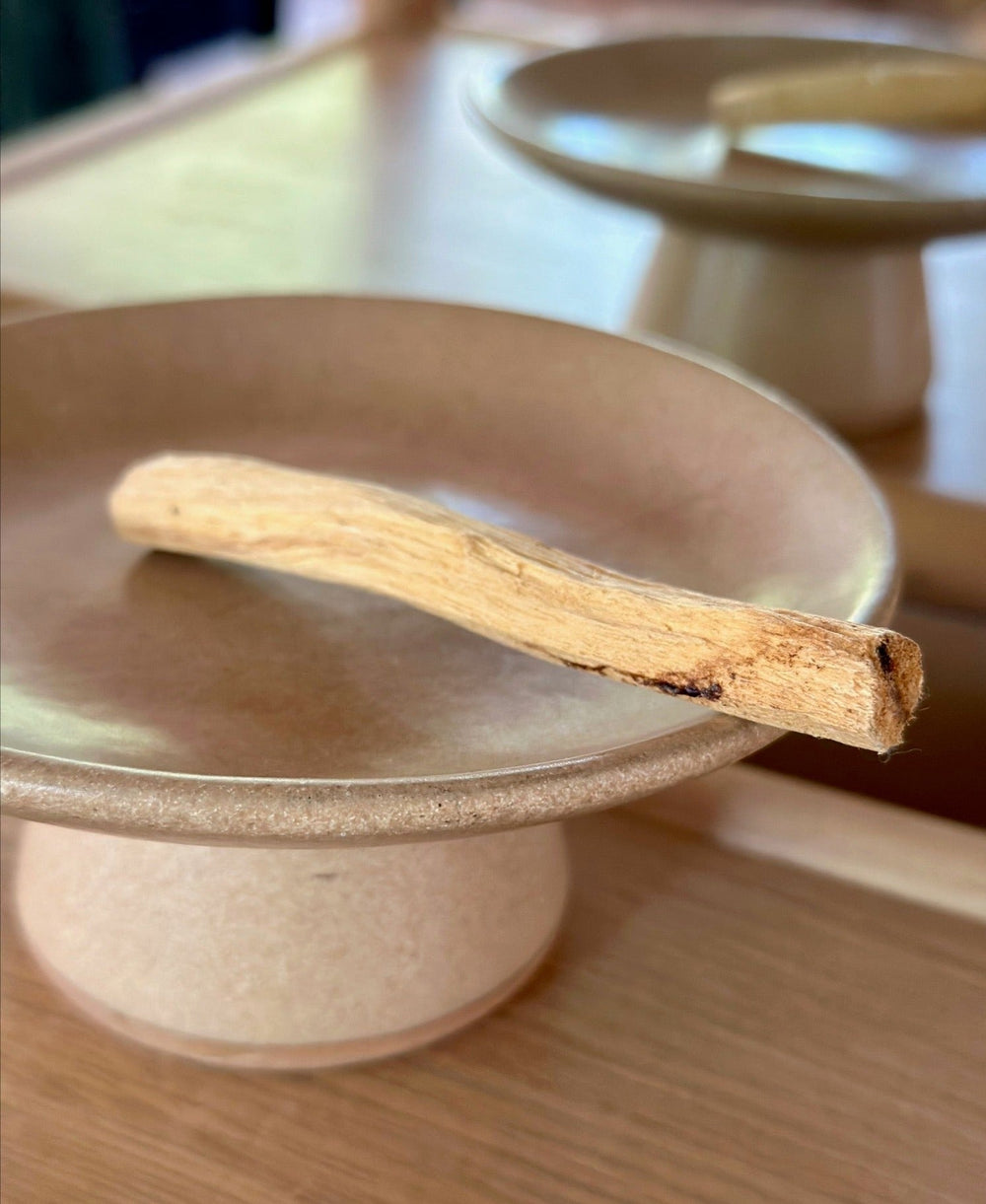 Palo Santo incense stick on a ceramic stand, known for eco-friendly and aromatic cleansing properties, with a rosy-woodsy aroma.