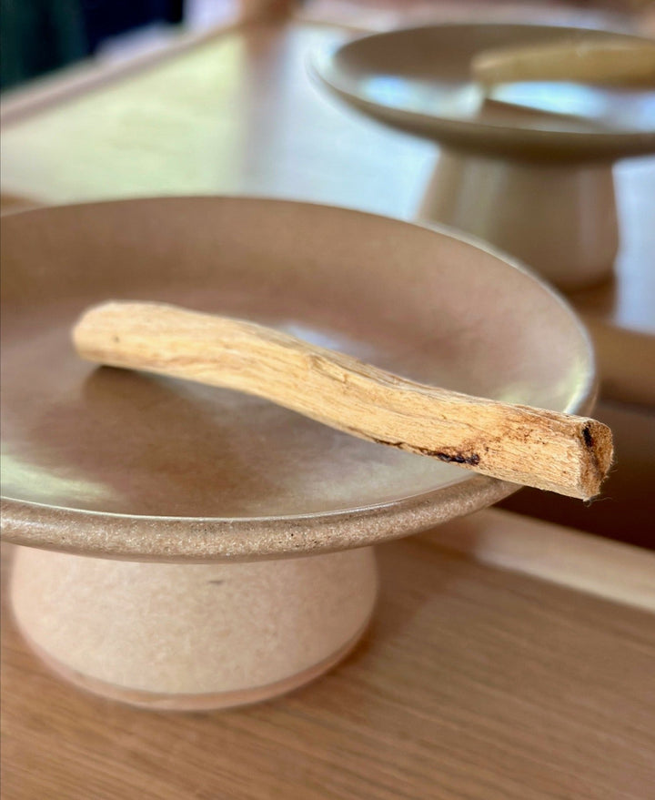 Palo Santo incense stick on a ceramic stand, known for eco-friendly and aromatic cleansing properties, with a rosy-woodsy aroma.