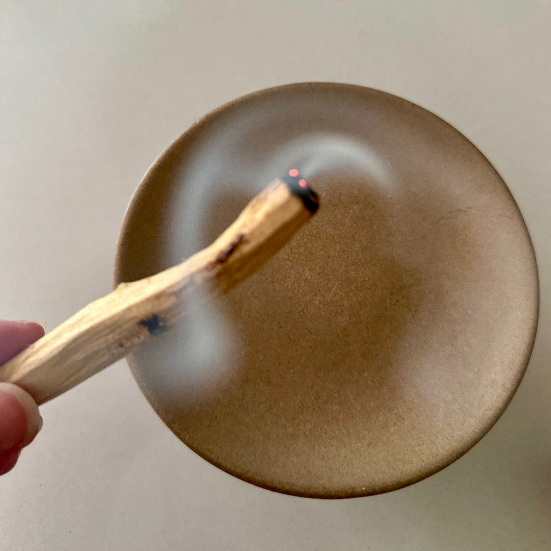 Hand holding lit Palo Santo incense stick above a ceramic bowl with smoke rising, showcasing eco-friendly and aromatic properties.