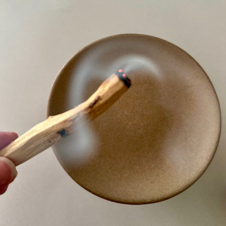 Hand holding lit Palo Santo incense stick above a ceramic bowl with smoke rising, showcasing eco-friendly and aromatic properties.