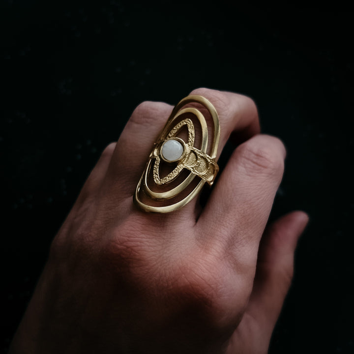 Cosmic Ripple Ring with Rainbow Moonstone and Phases of the Moon