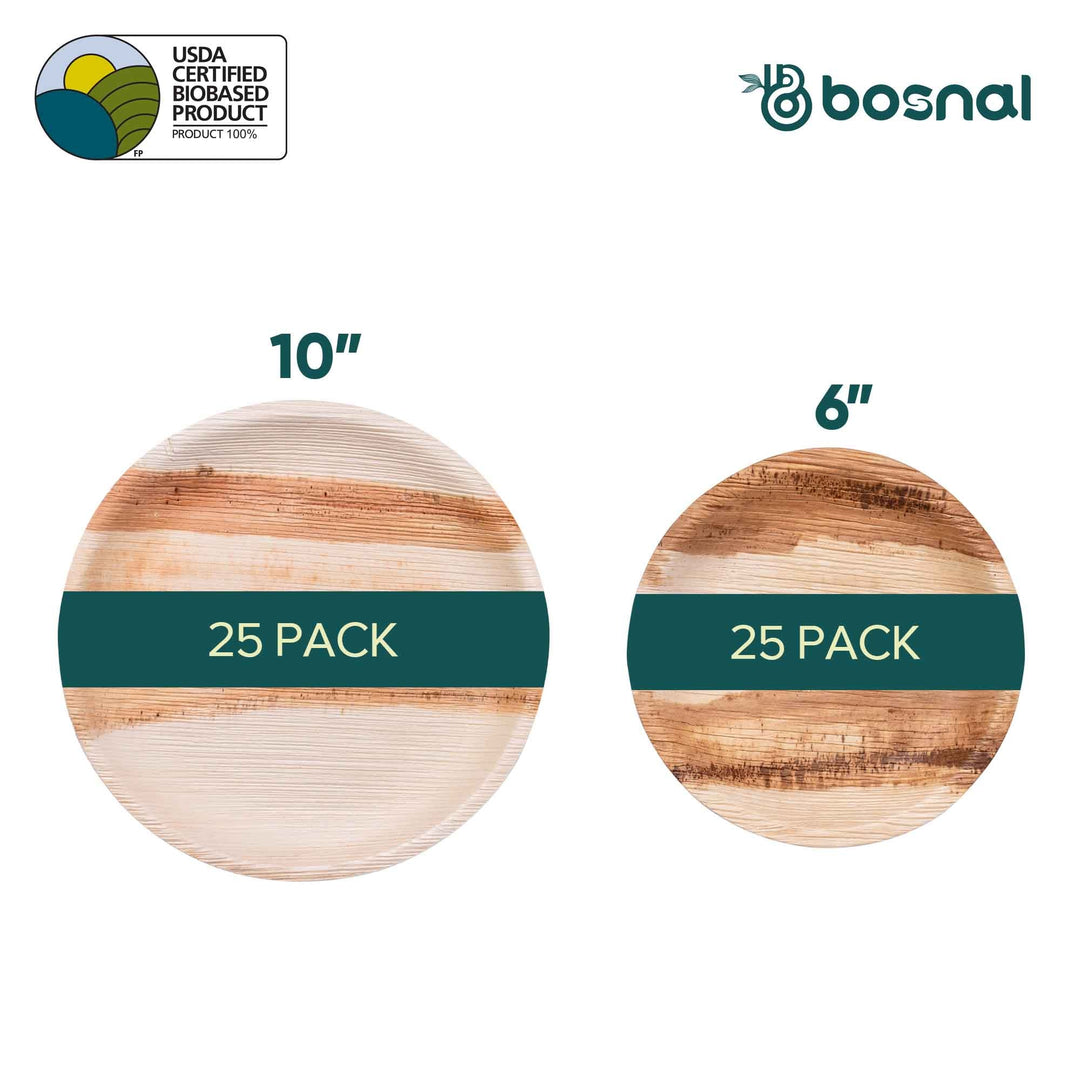 Palm Leaf Biodegradable Round Plates Combo – 50 pcs Set (25 each of 10" & 6" Plates)