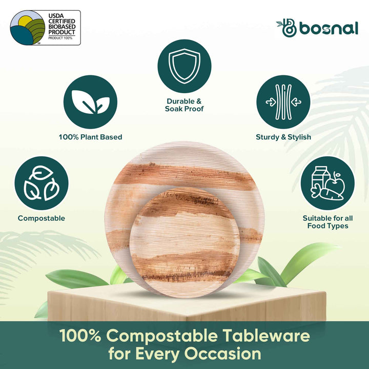 Palm Leaf Biodegradable Round Plates Combo – 50 pcs Set (25 each of 10" & 6" Plates)
