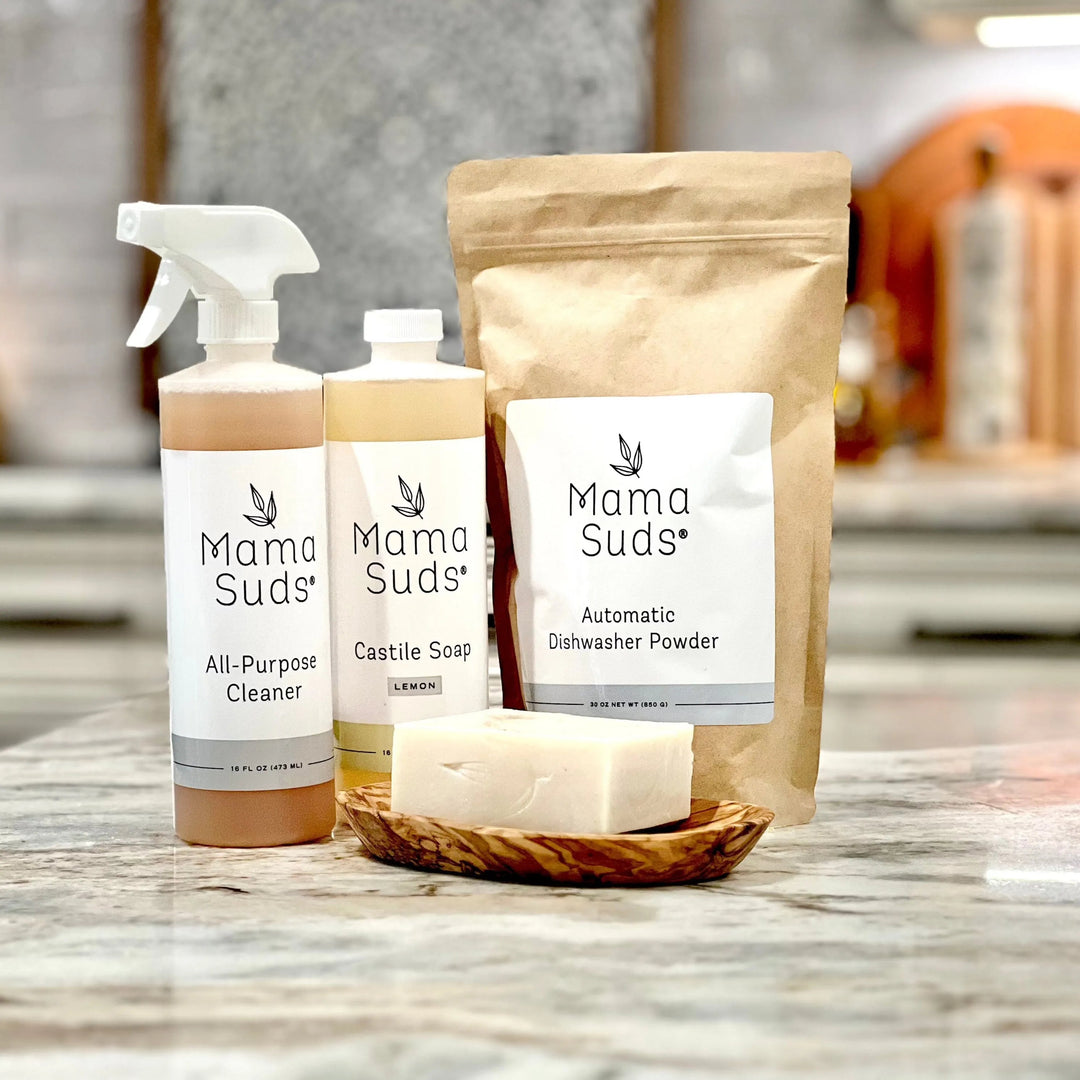 Mama Suds Kitchen Bundle with all-purpose cleaner, Castile soap, and dishwasher powder for natural and effective kitchen cleaning.
