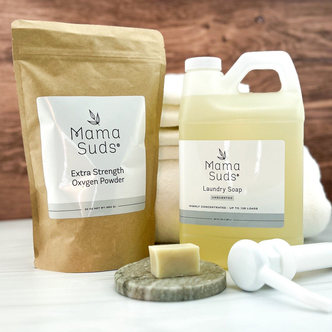 Non-toxic laundry products including Mama Suds Extra Strength Oxygen Powder and Laundry Soap