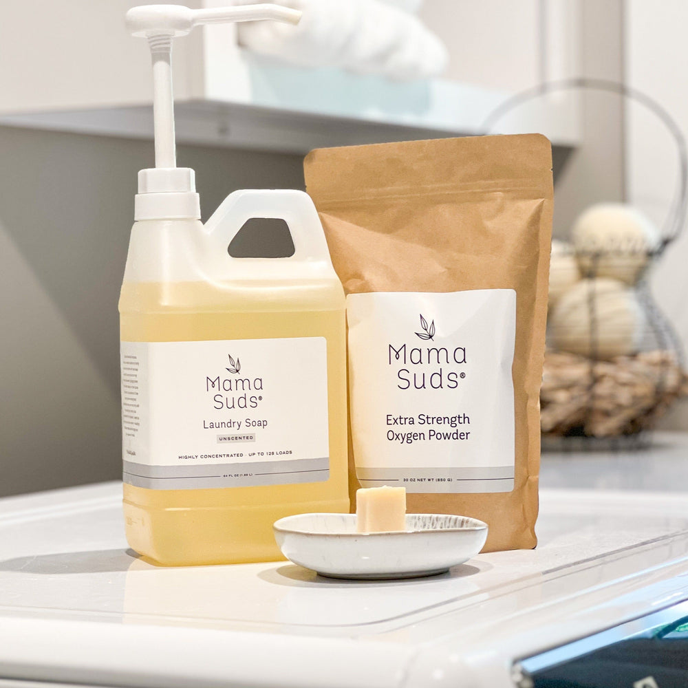 Non-toxic laundry essentials with Mama Suds laundry soap and extra strength oxygen powder, perfect for tackling tough stains.
