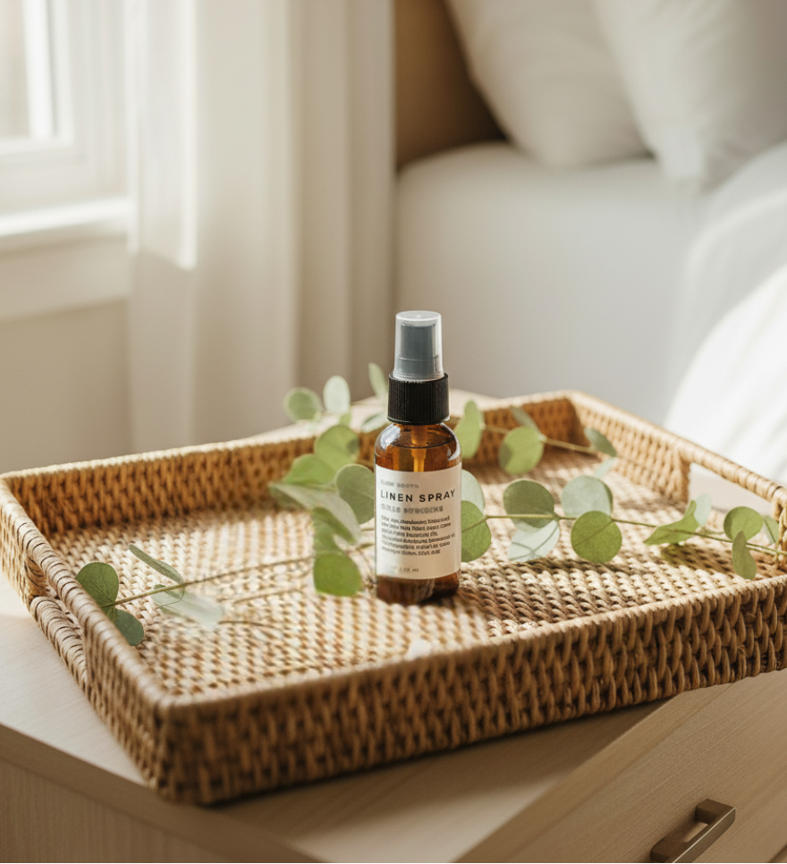Morning Routine Kit: Artisan linen spray on woven tray with eucalyptus leaves, part of Sunrise Ritual curated by The Ever Good.