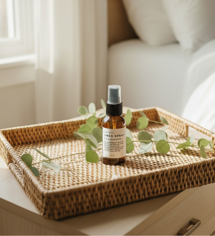 Morning Routine Kit: Artisan linen spray on woven tray with eucalyptus leaves, part of Sunrise Ritual curated by The Ever Good.