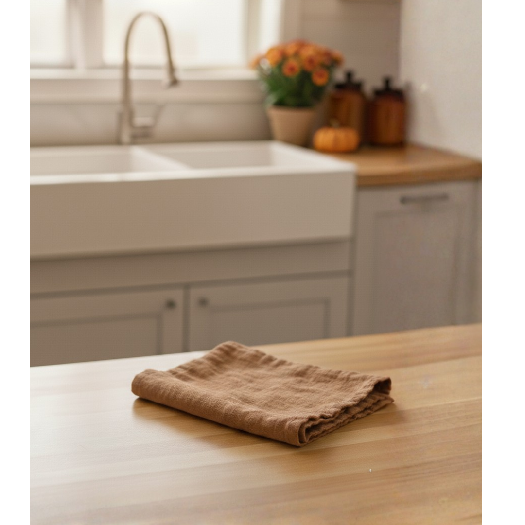 Cozy kitchen scene with a terracotta tea towel included in the Hygge Gift Box curated by The Ever Good.