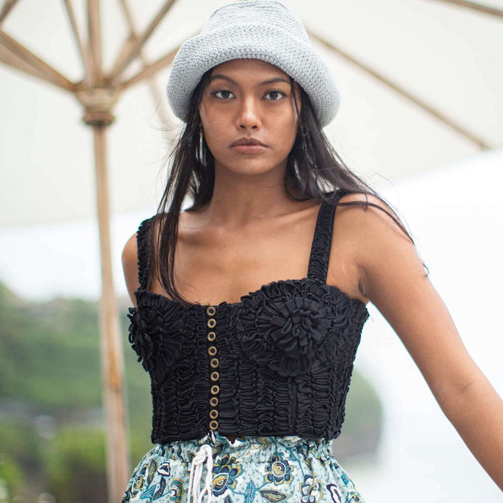 Marigold Hand-embroidered Ribbon Bustier Top - Black