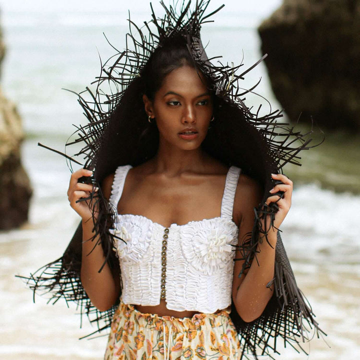 Marigold Hand-embroidered Ribbon Bustier Top - White