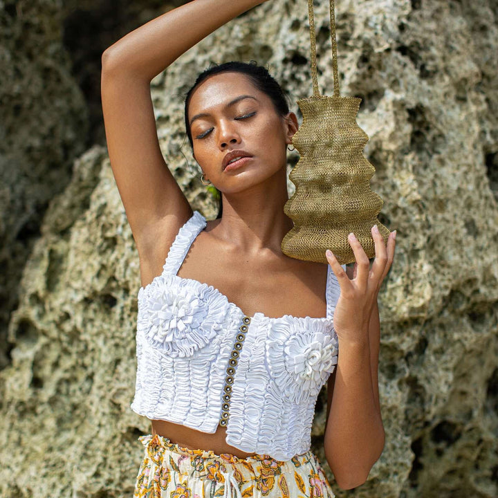 Marigold Hand-embroidered Ribbon Bustier Top - White