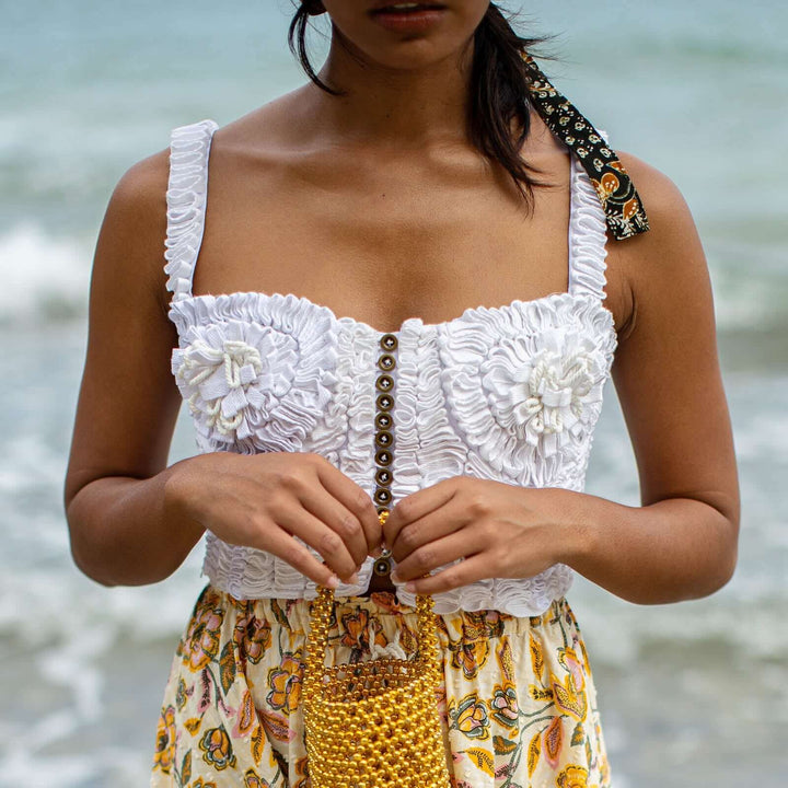 Marigold Hand-embroidered Ribbon Bustier Top - White