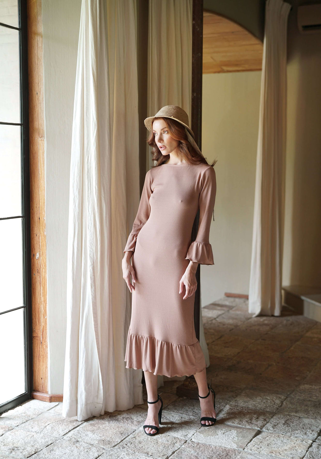 Marjorie Ruffle Rib Dress - Camel Brown