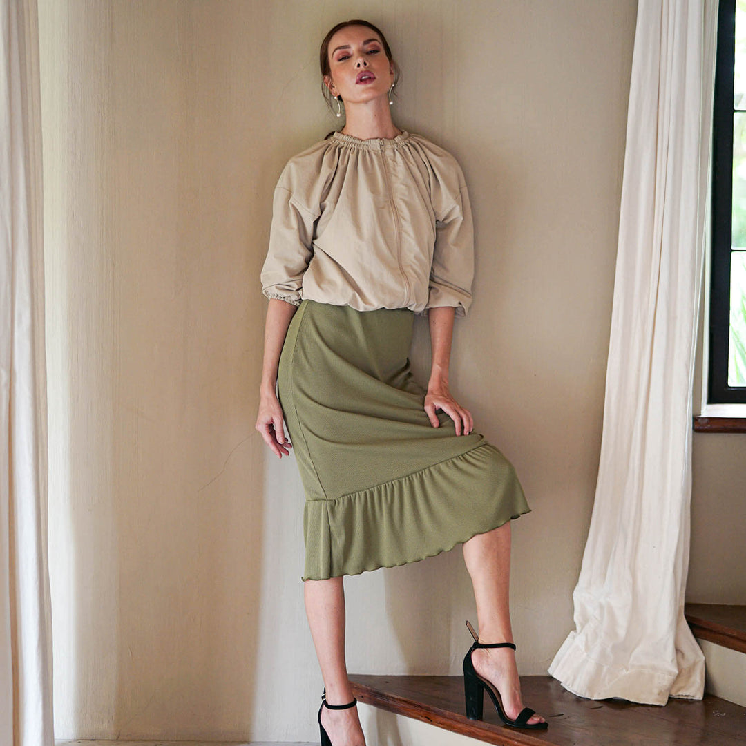 Marjorie Ruffle Rib Skirt - Moss Green