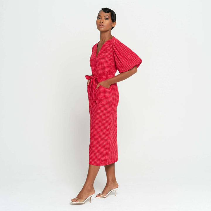 Meghan Gingham Hemp Midi Dress - Scarlet Red