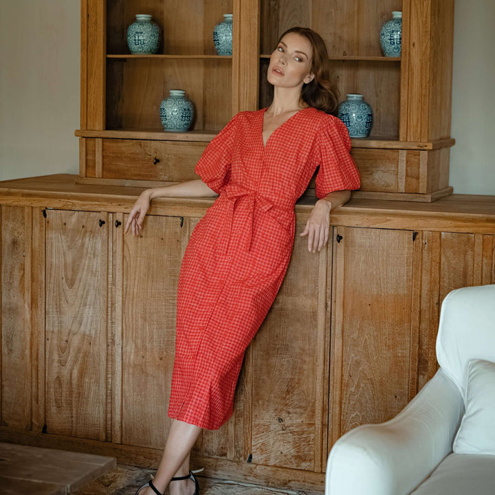Meghan Gingham Hemp Midi Dress - Scarlet Red