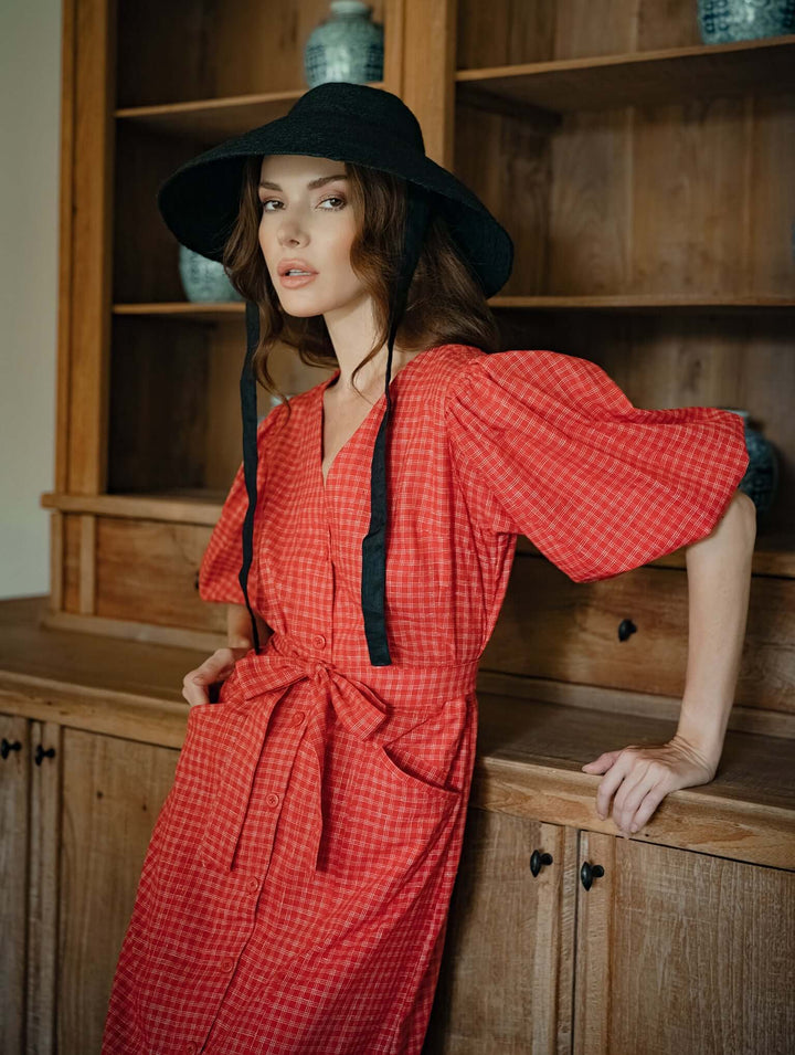 Meghan Gingham Hemp Midi Dress - Scarlet Red