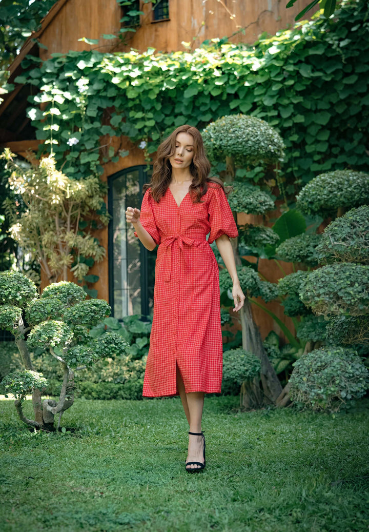 Meghan Gingham Hemp Midi Dress - Scarlet Red