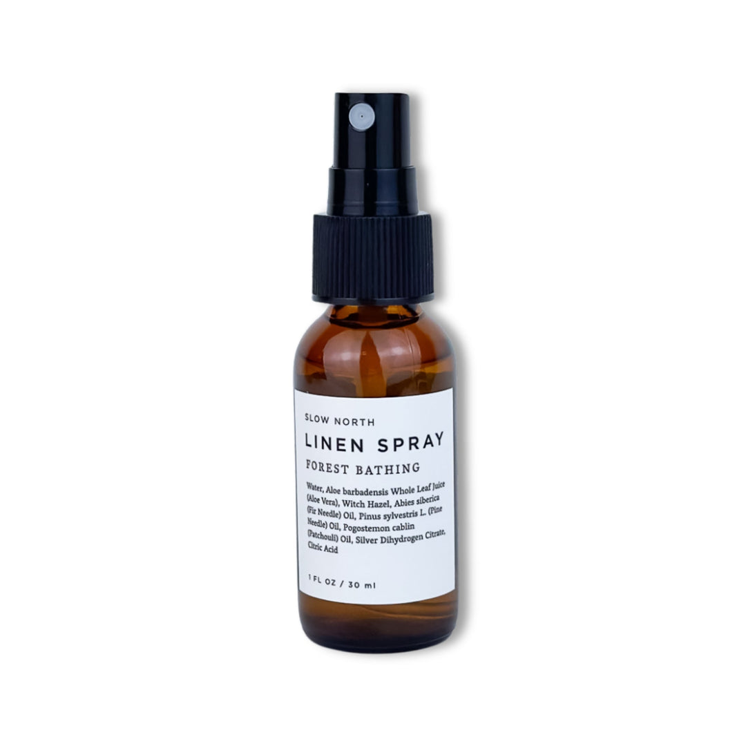 Mini Essential Oil Linen Spray - Forest Bathing, travel-size aromatherapy spray with Fir, Pine, and Patchouli oils.