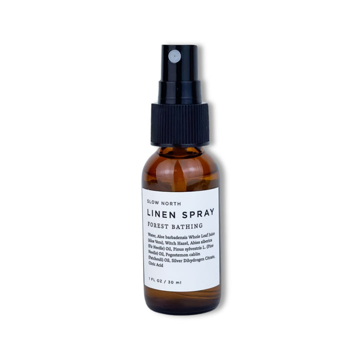 Mini Essential Oil Linen Spray - Forest Bathing, travel-size aromatherapy spray with Fir, Pine, and Patchouli oils.