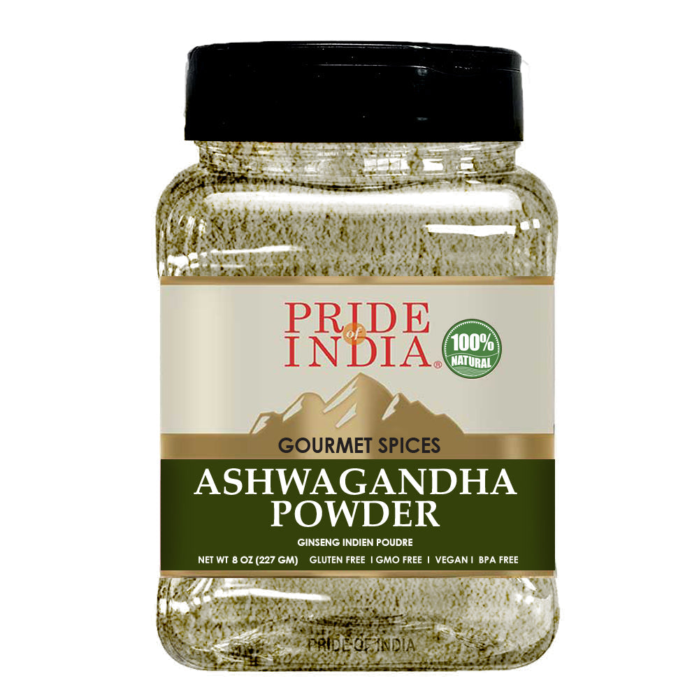 Gourmet Ashwagandha Root Powder jar, premium quality herbal supplement from Pride of India, 100% natural, vegan, gluten-free.