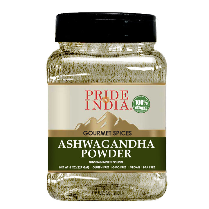 Gourmet Ashwagandha Root Powder jar, premium quality herbal supplement from Pride of India, 100% natural, vegan, gluten-free.