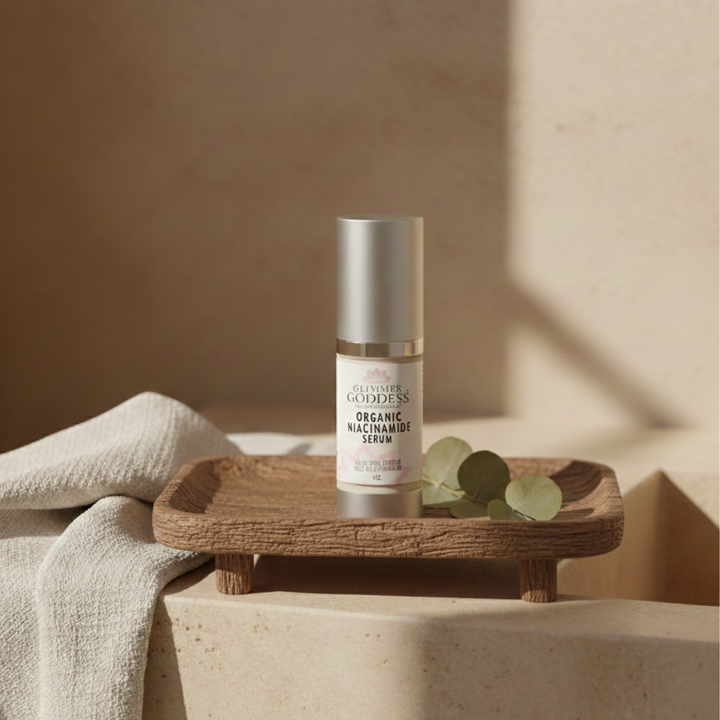 Organic niacinamide face serum bottle with botanical ingredients for pore tightening and skin brightening